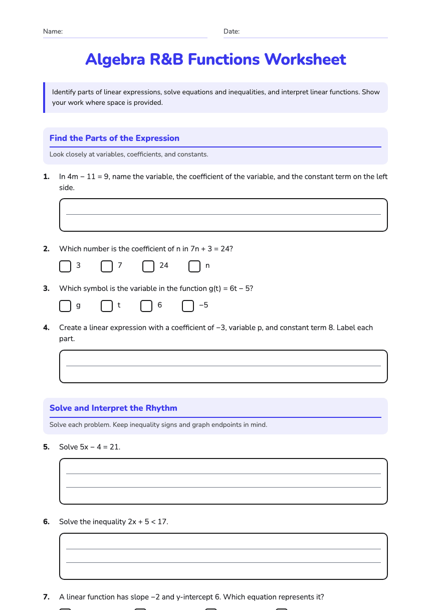 Algebra R&B Functions Worksheet worksheet preview
