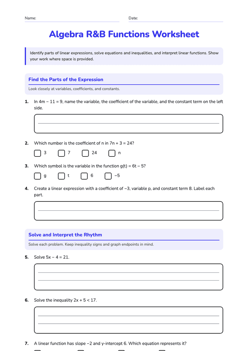 Algebra R&B Functions Worksheet