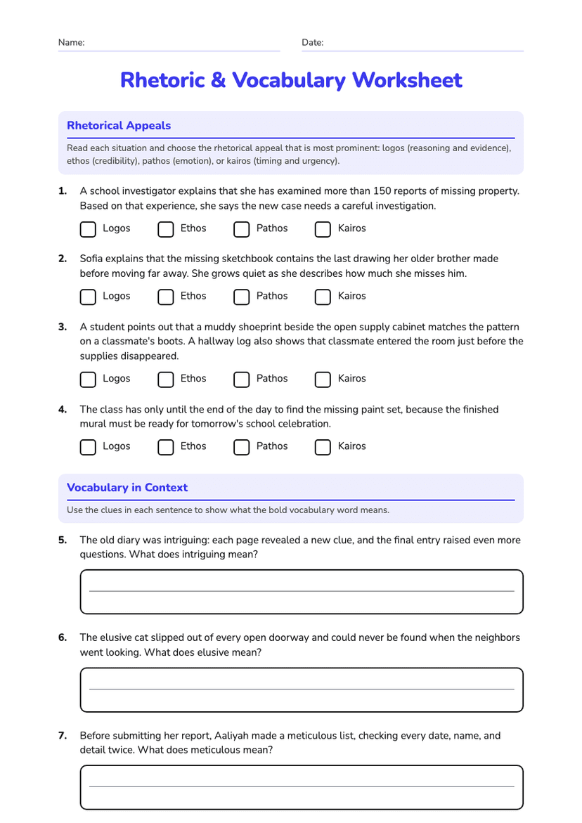 Rhetoric & Vocabulary Worksheet