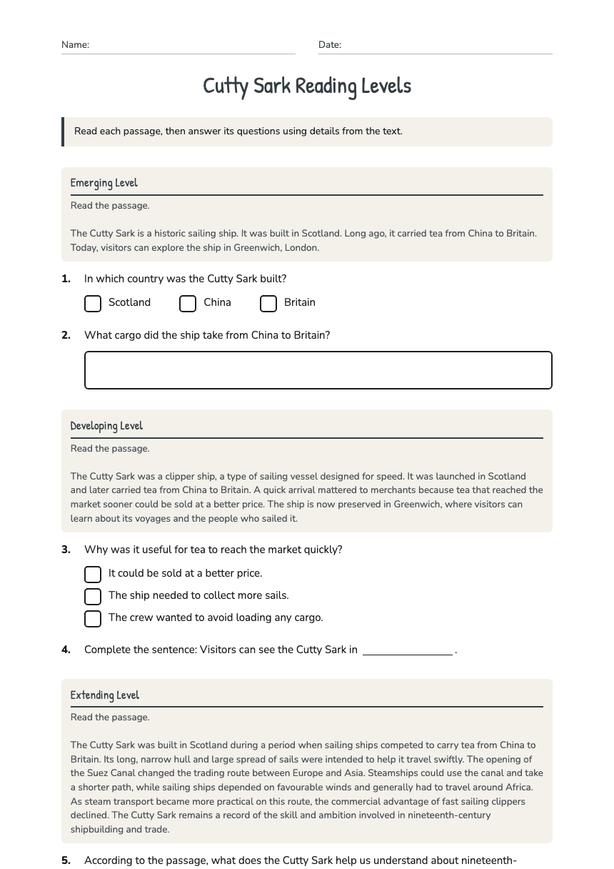 Cutty Sark Reading Levels worksheet preview