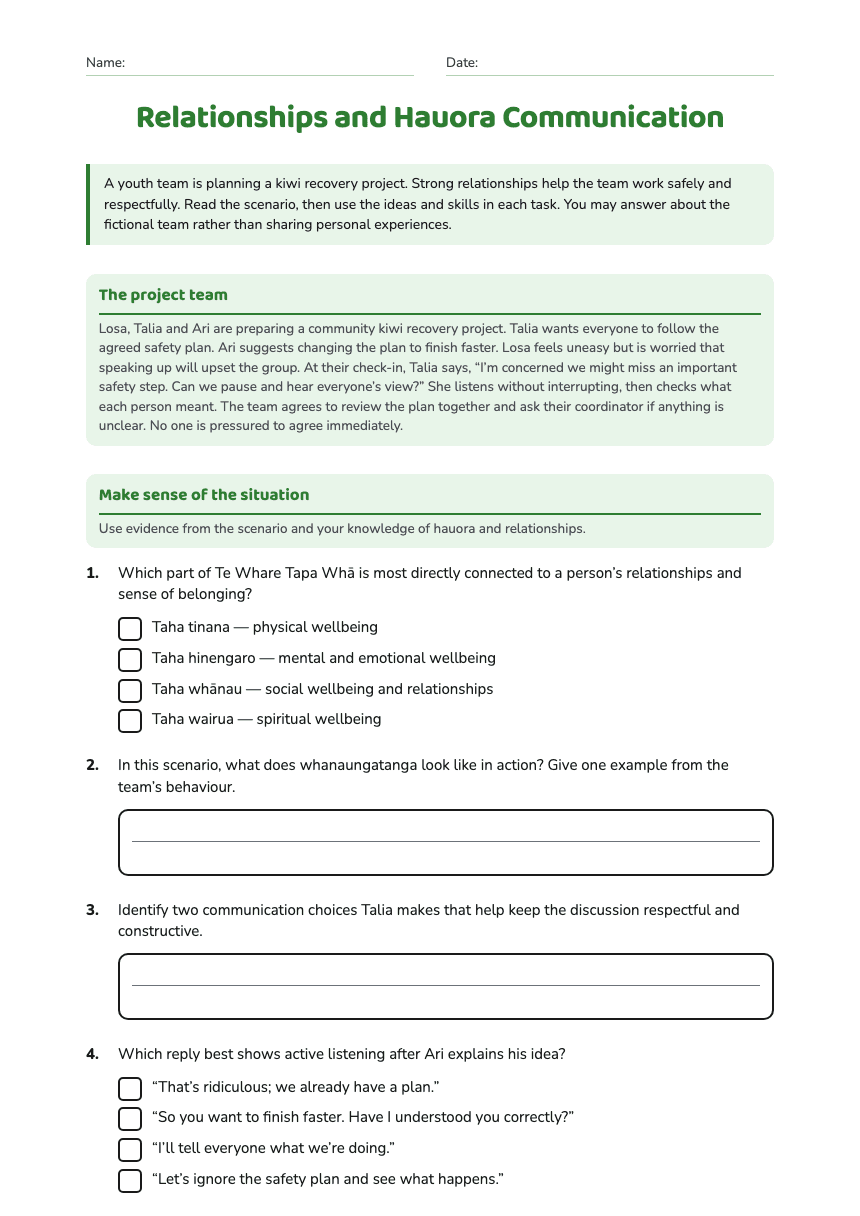 Relationships and Hauora Communication worksheet preview