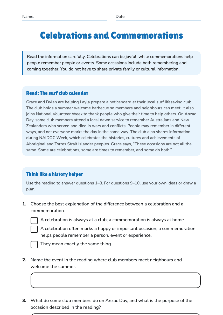 Celebrations and Commemorations worksheet preview