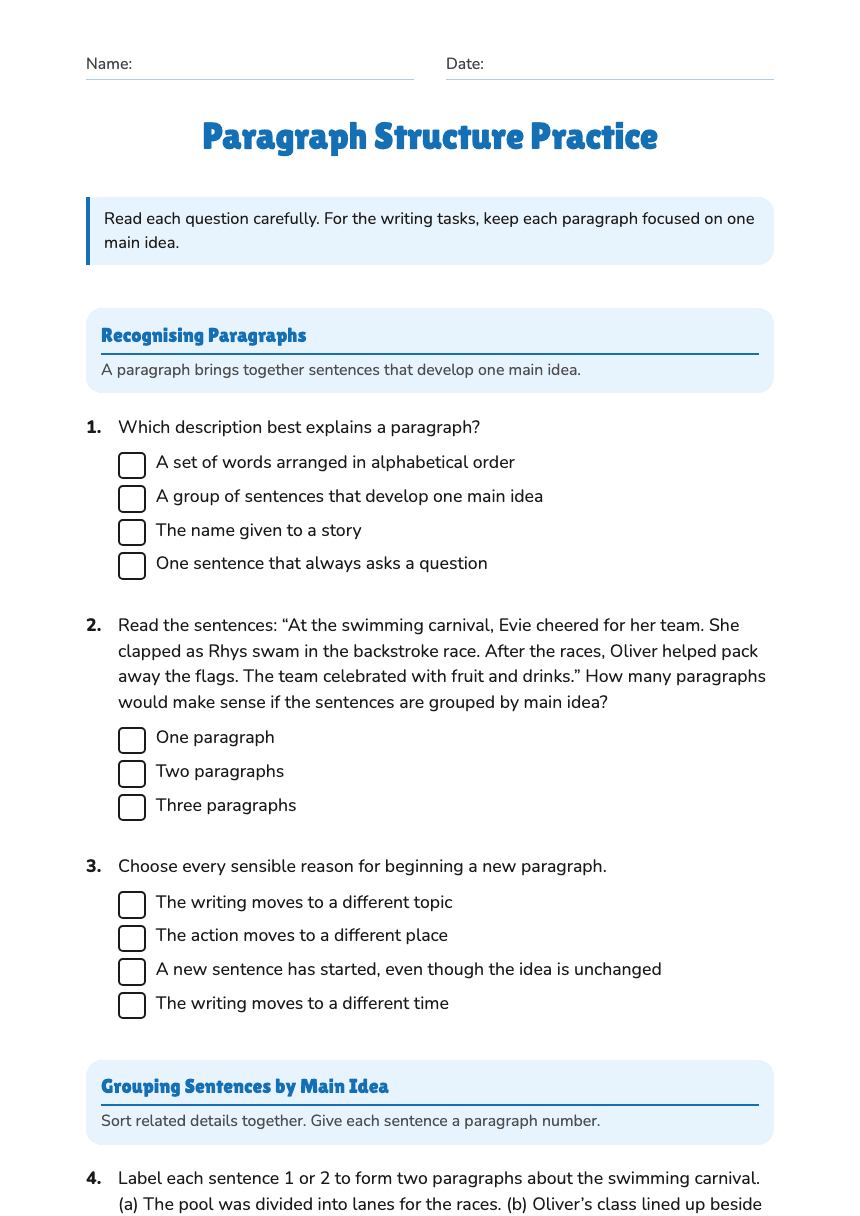 Paragraph Structure Practice worksheet preview