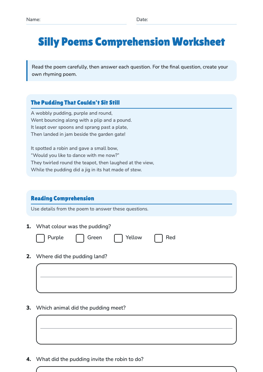 Silly Poems Comprehension Worksheet worksheet preview