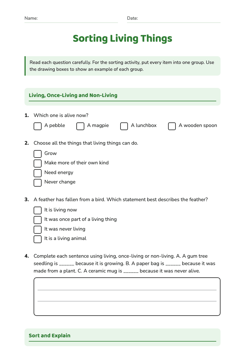 Sorting Living Things worksheet preview