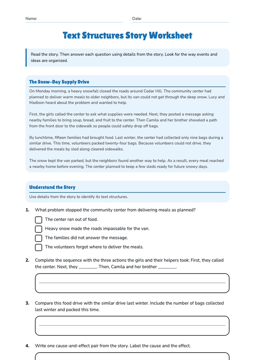 Text Structures Story Worksheet