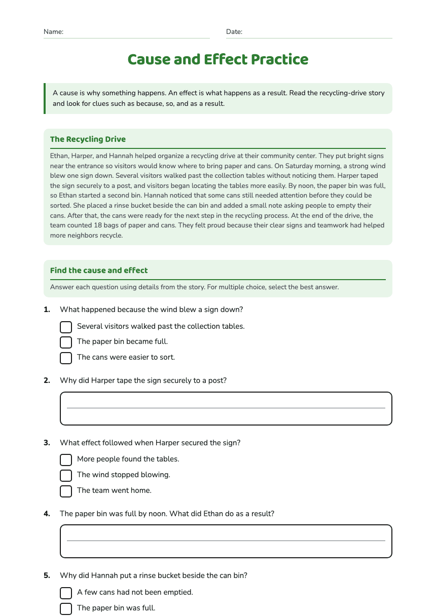 Cause and Effect Practice worksheet preview