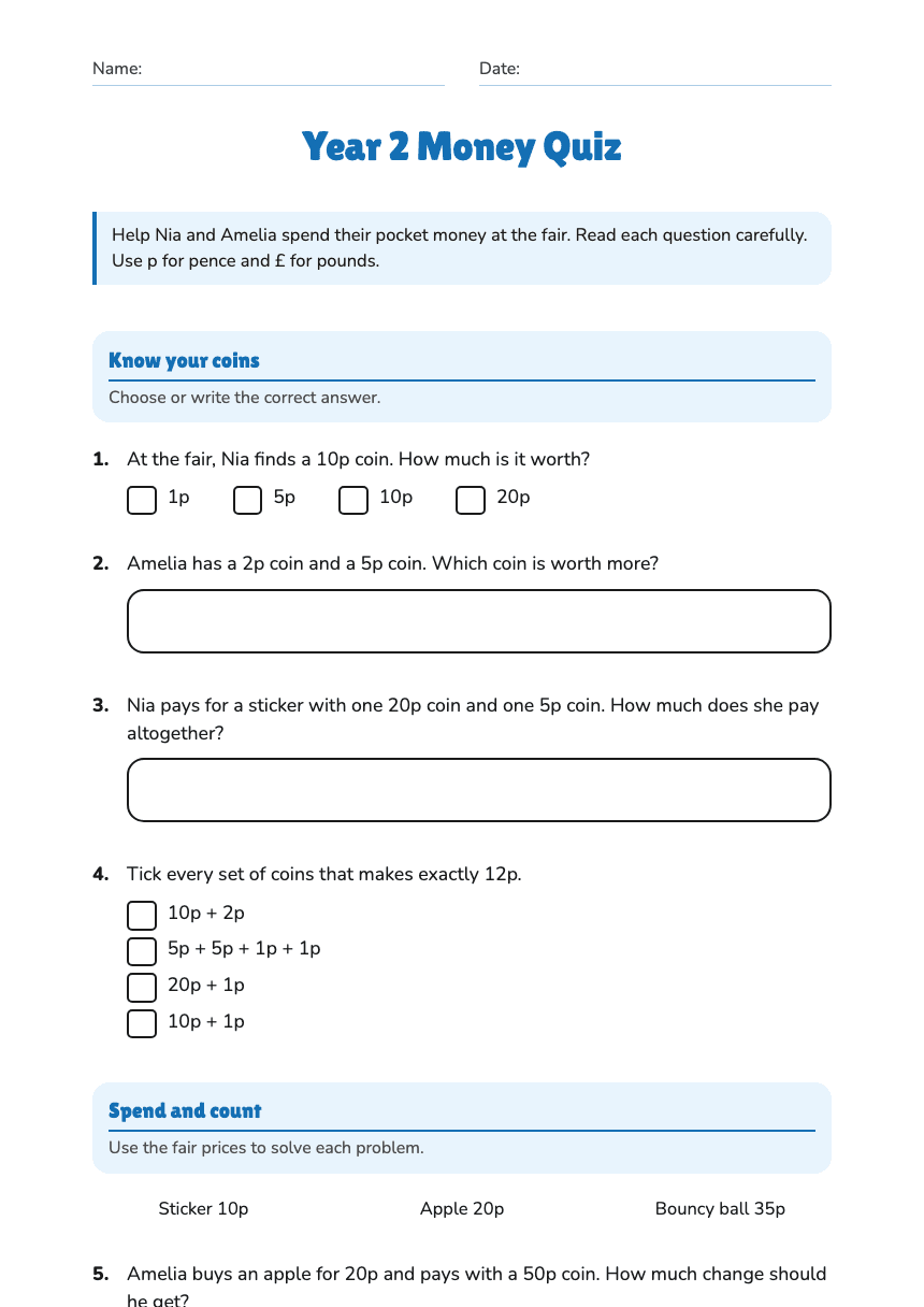 Year 2 Money Quiz worksheet preview