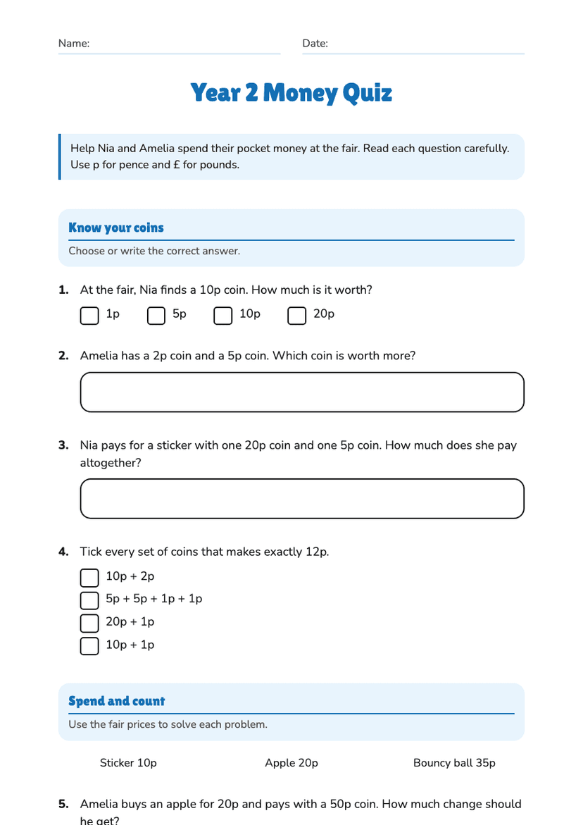 Year 2 Money Quiz