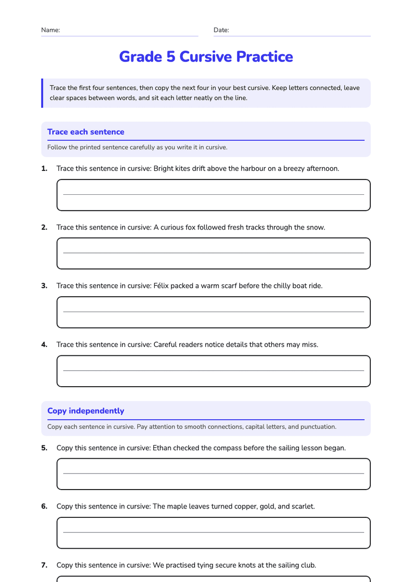 Grade 5 Cursive Practice