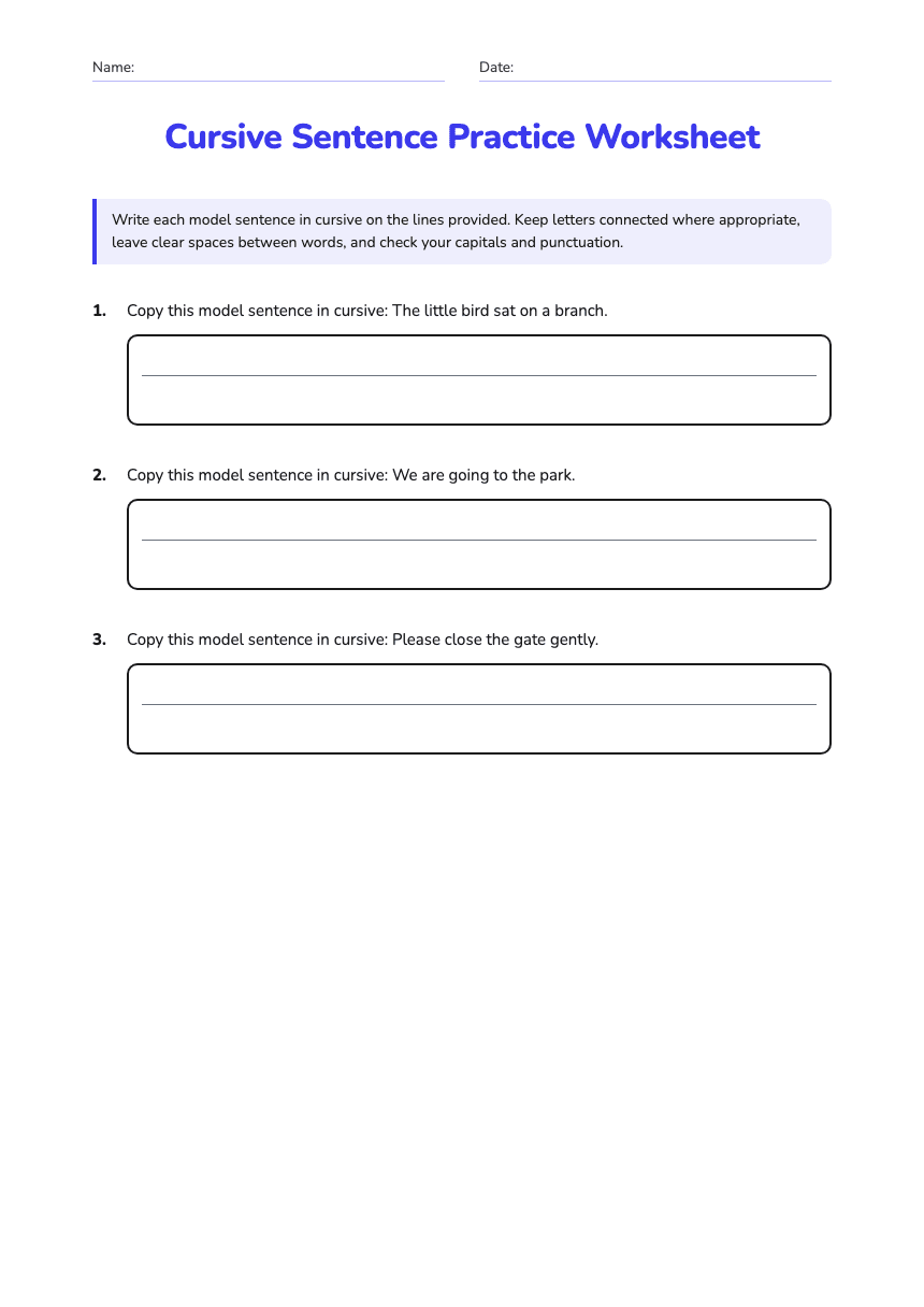 Cursive Sentence Practice Worksheet worksheet preview