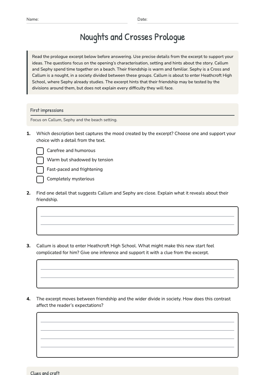 Noughts and Crosses Prologue worksheet preview