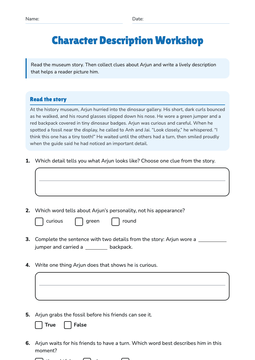 Character Description Workshop worksheet preview