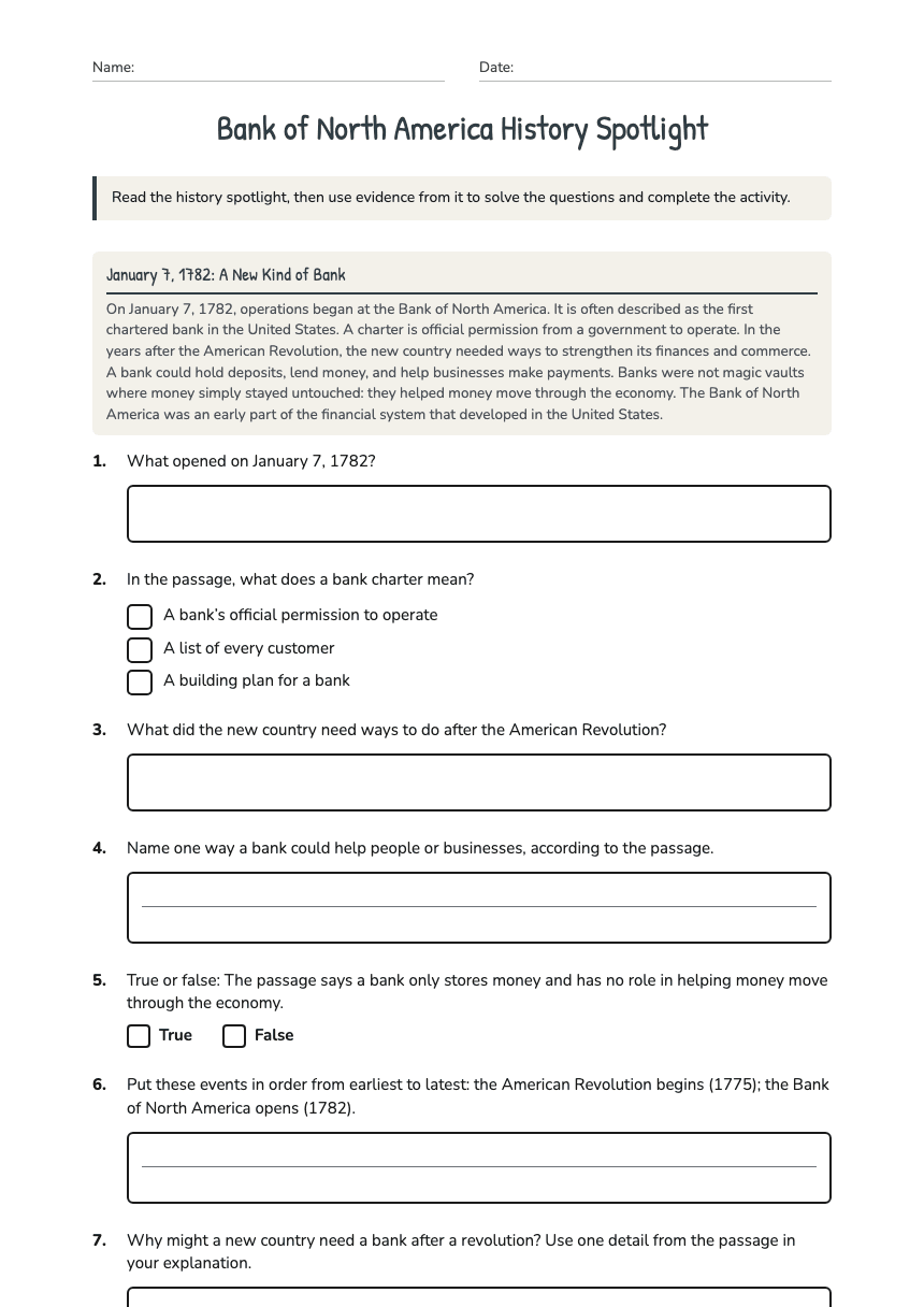 Bank of North America History Spotlight worksheet preview