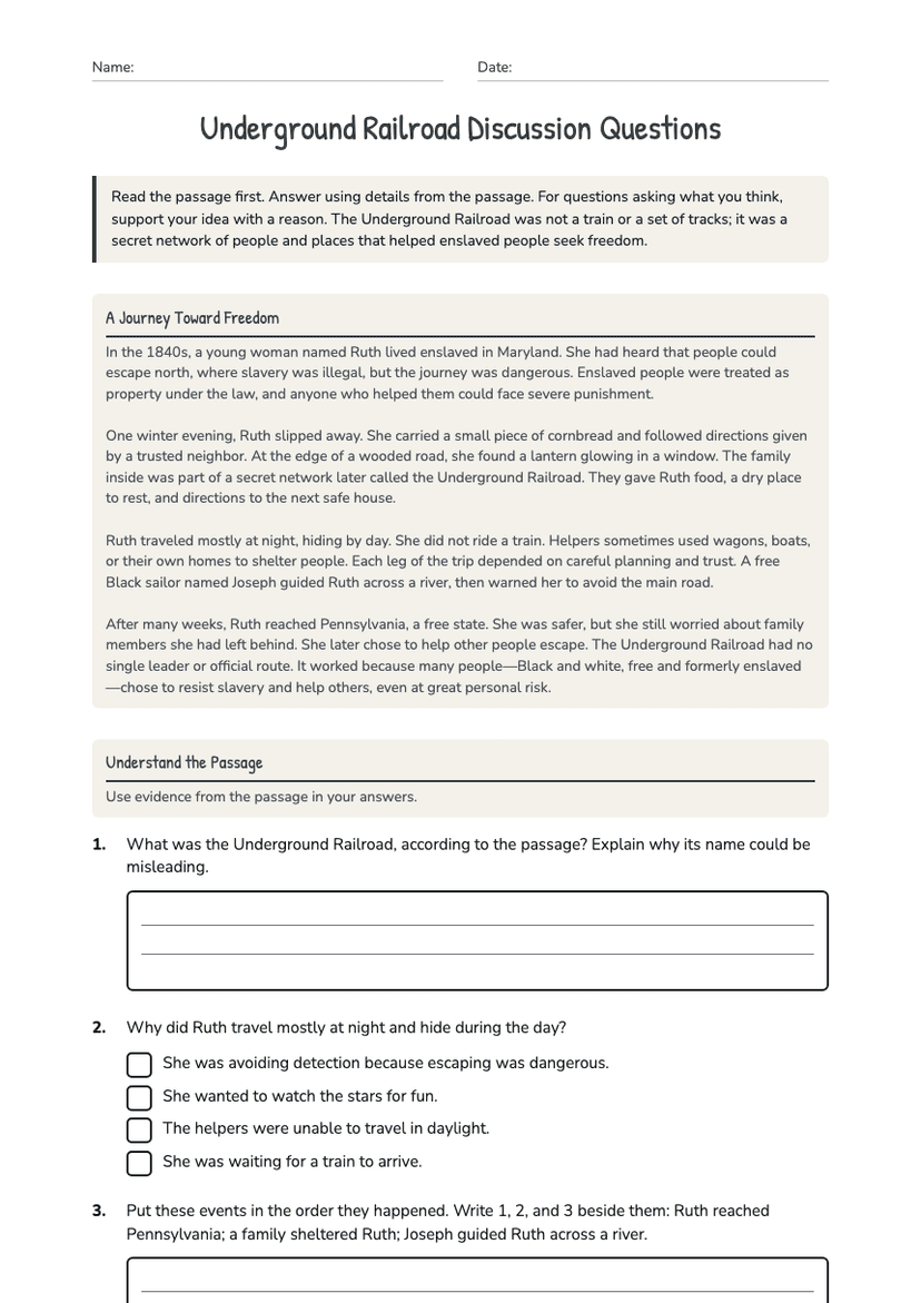 Underground Railroad Discussion Questions