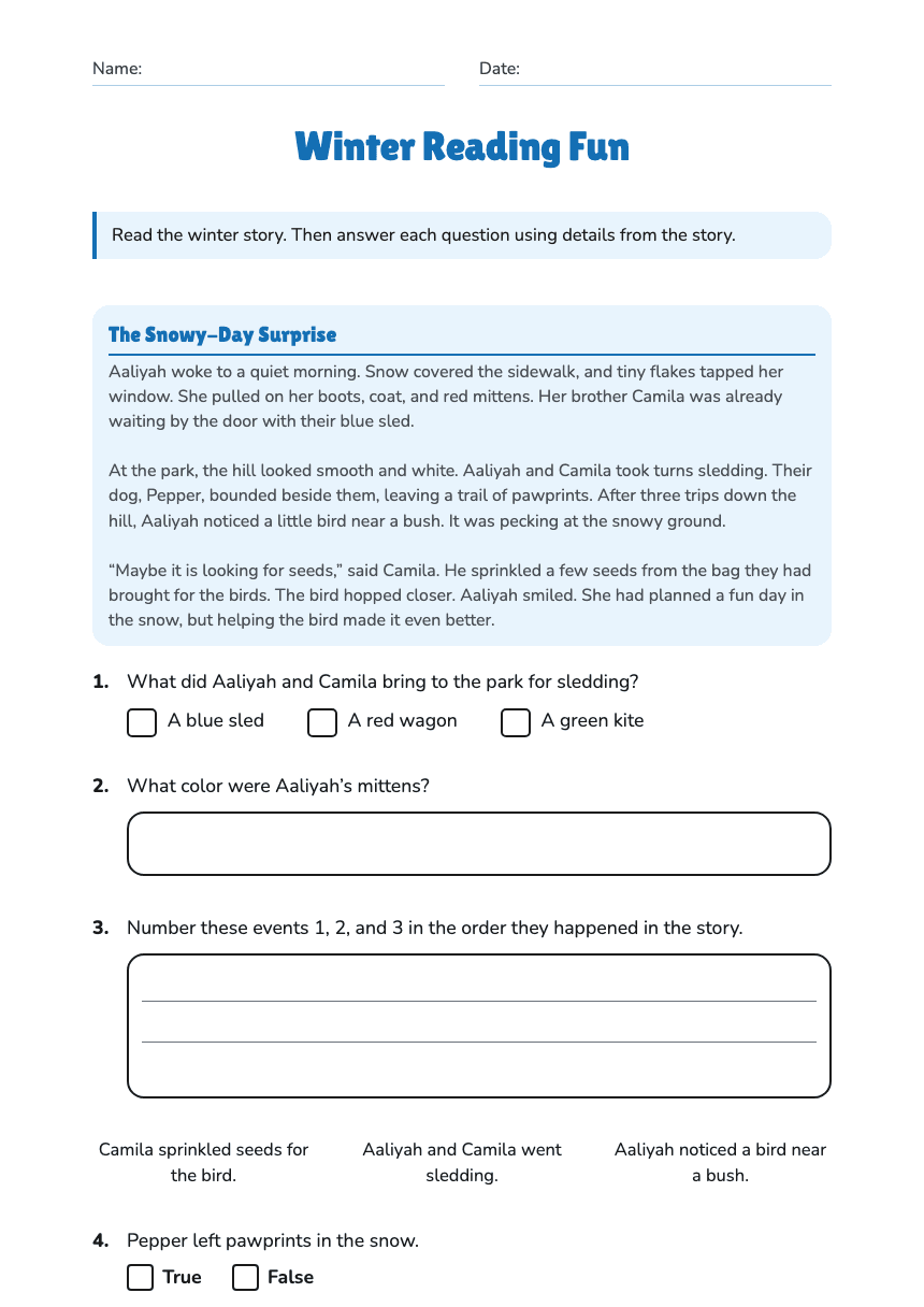 Winter Reading Fun worksheet preview