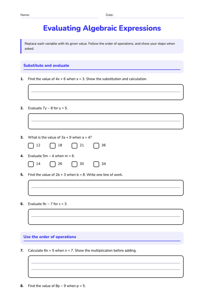Evaluating Algebraic Expressions