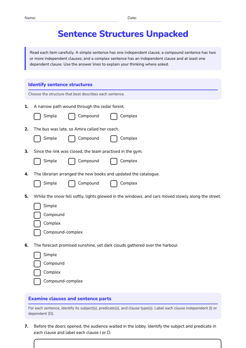Sentence Structures Unpacked worksheet preview