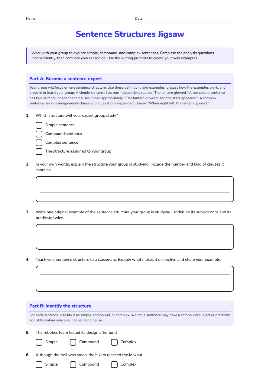 Sentence Structures Jigsaw worksheet preview
