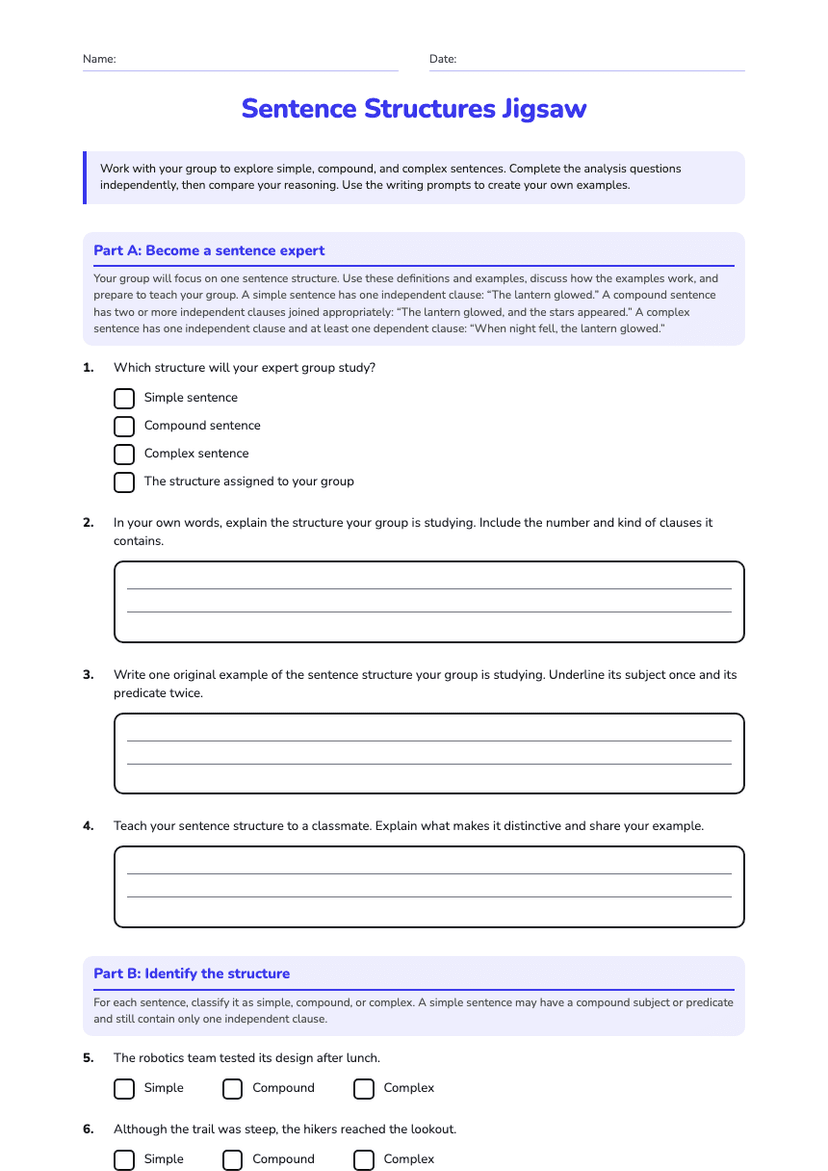 Sentence Structures Jigsaw