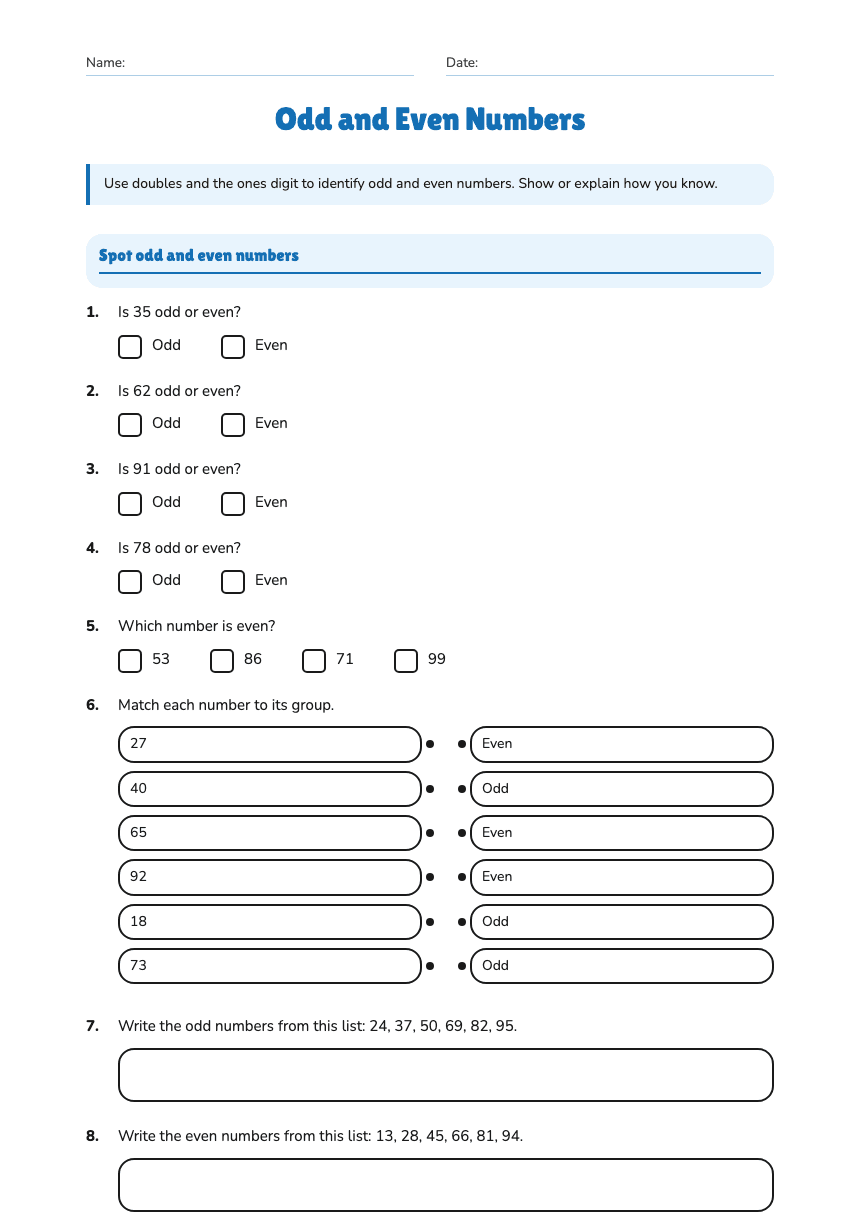 Odd and Even Numbers worksheet preview