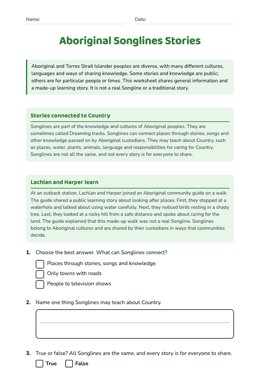 Aboriginal Songlines Stories worksheet preview
