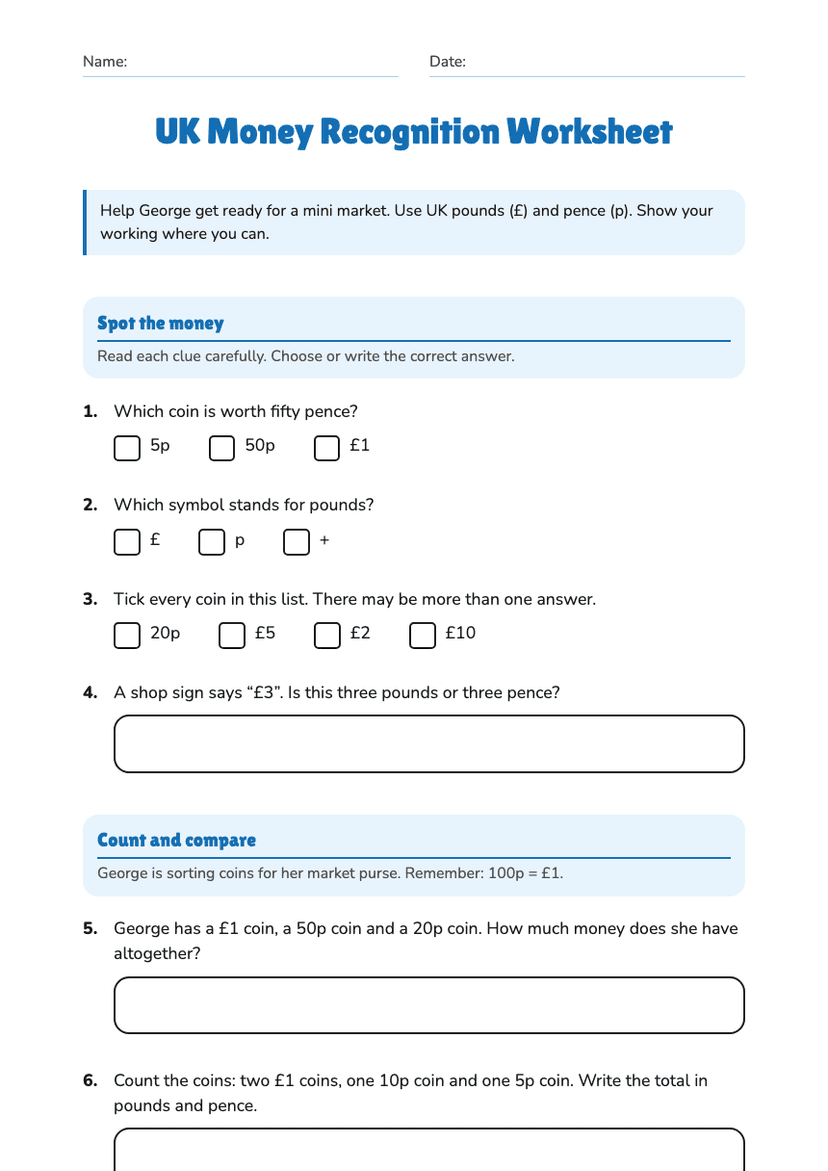 UK Money Recognition Worksheet