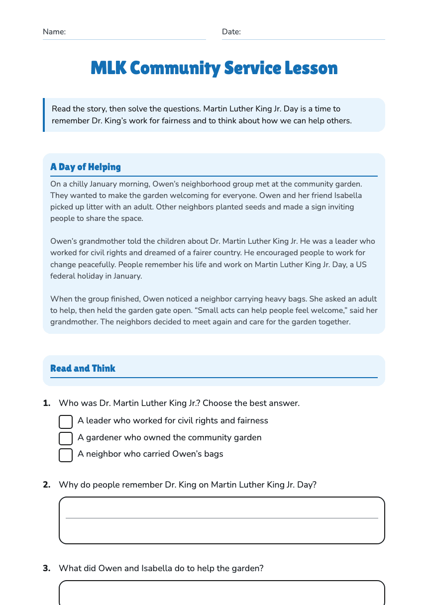 MLK Community Service Lesson worksheet preview