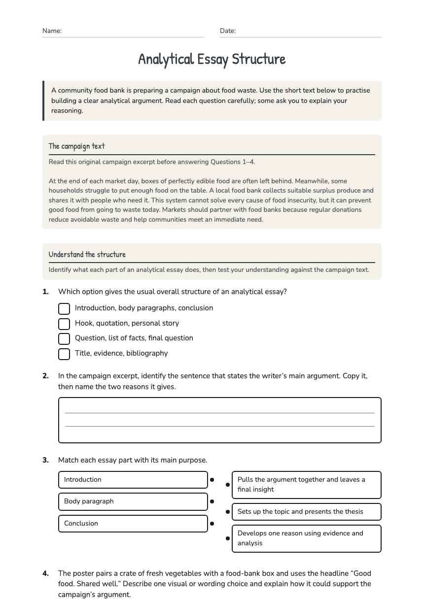 Analytical Essay Structure worksheet preview