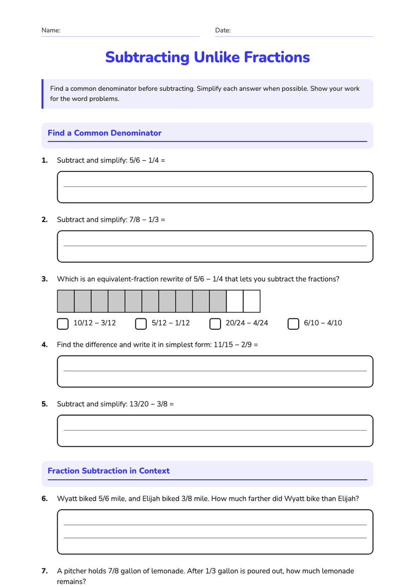 Subtracting Unlike Fractions
