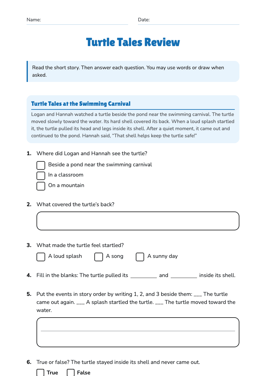 Turtle Tales Review worksheet preview