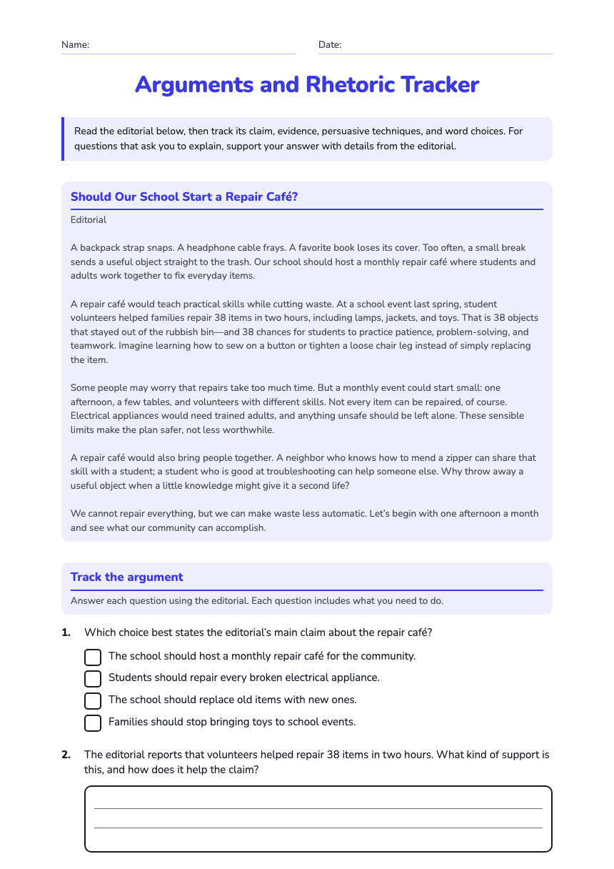 Arguments and Rhetoric Tracker worksheet preview