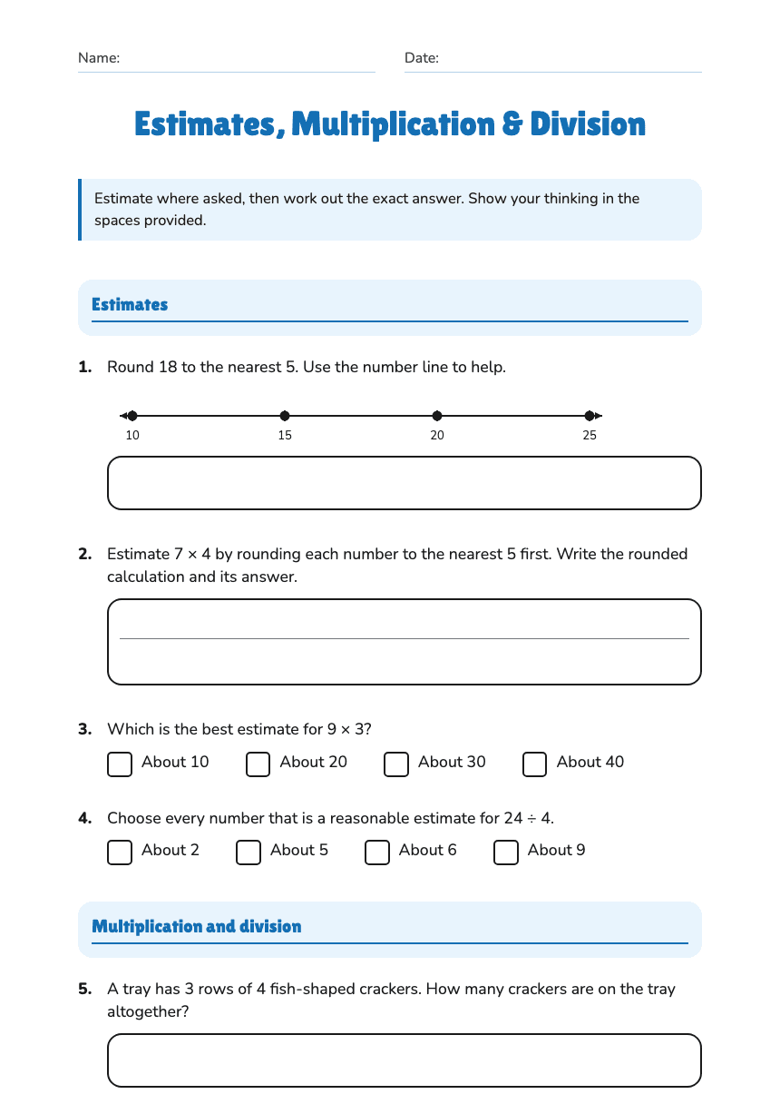Estimates, Multiplication & Division worksheet preview