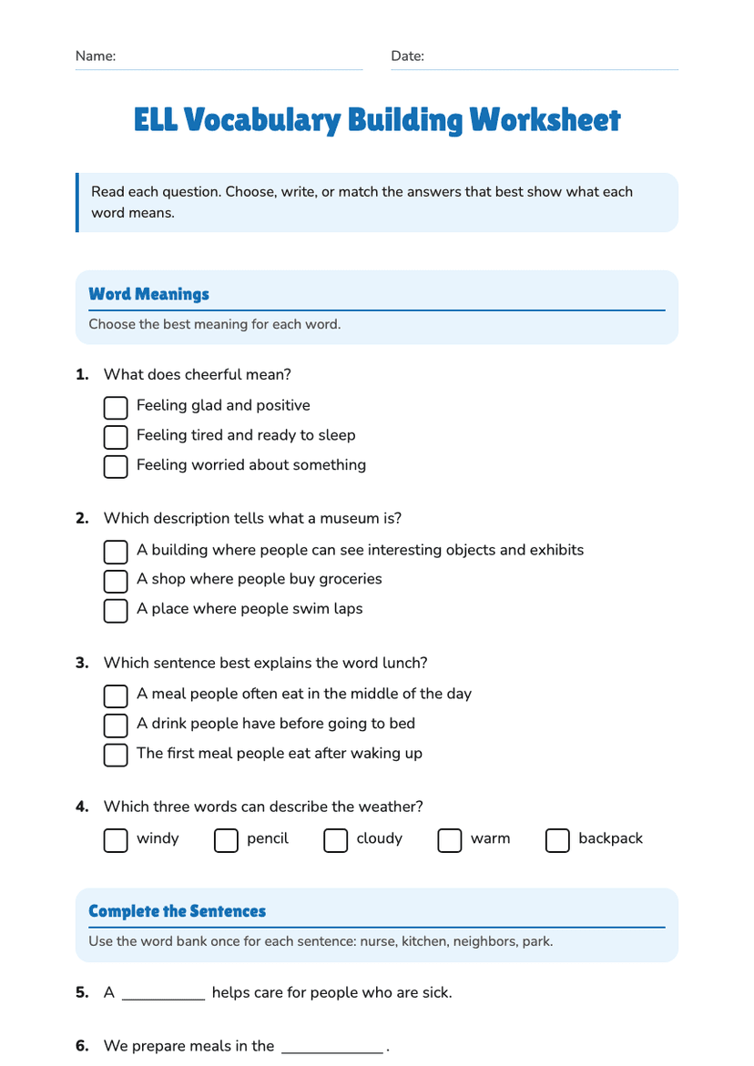 ELL Vocabulary Building Worksheet