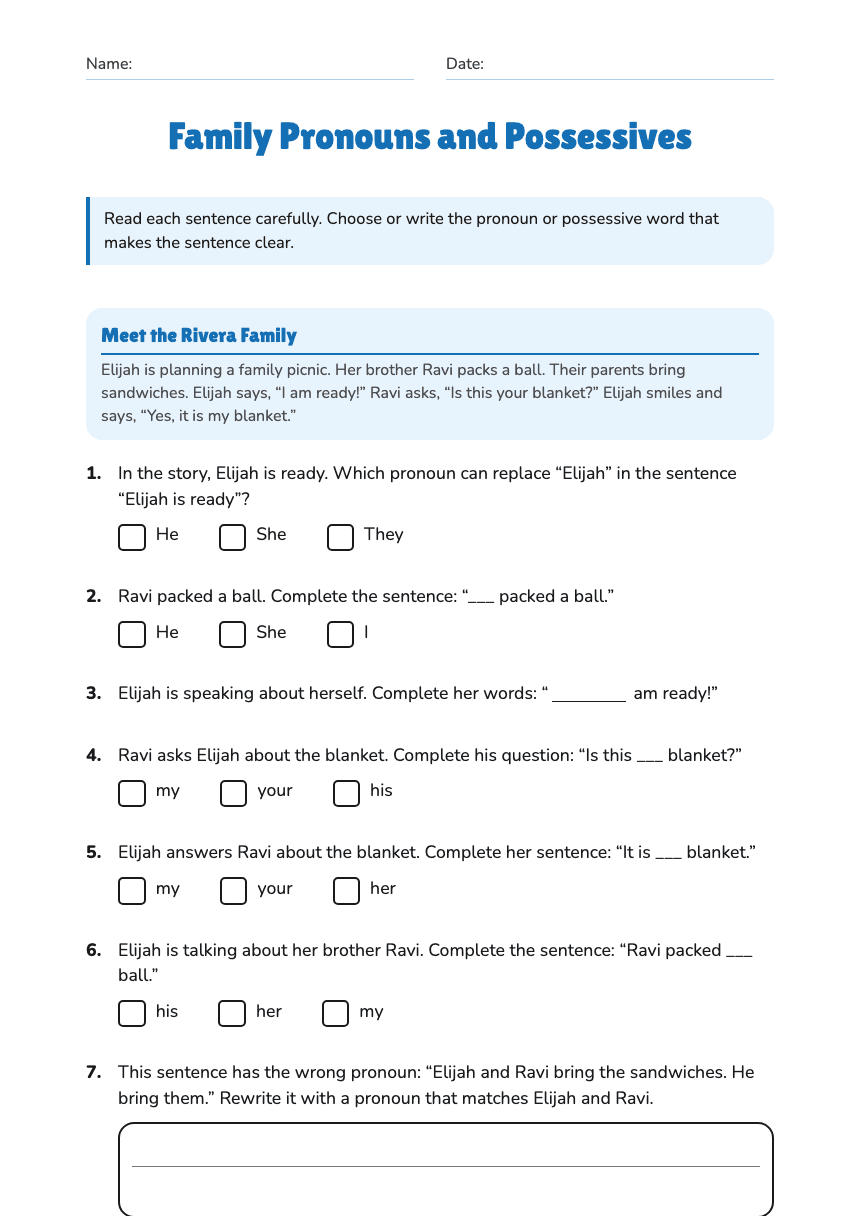 Family Pronouns and Possessives worksheet preview