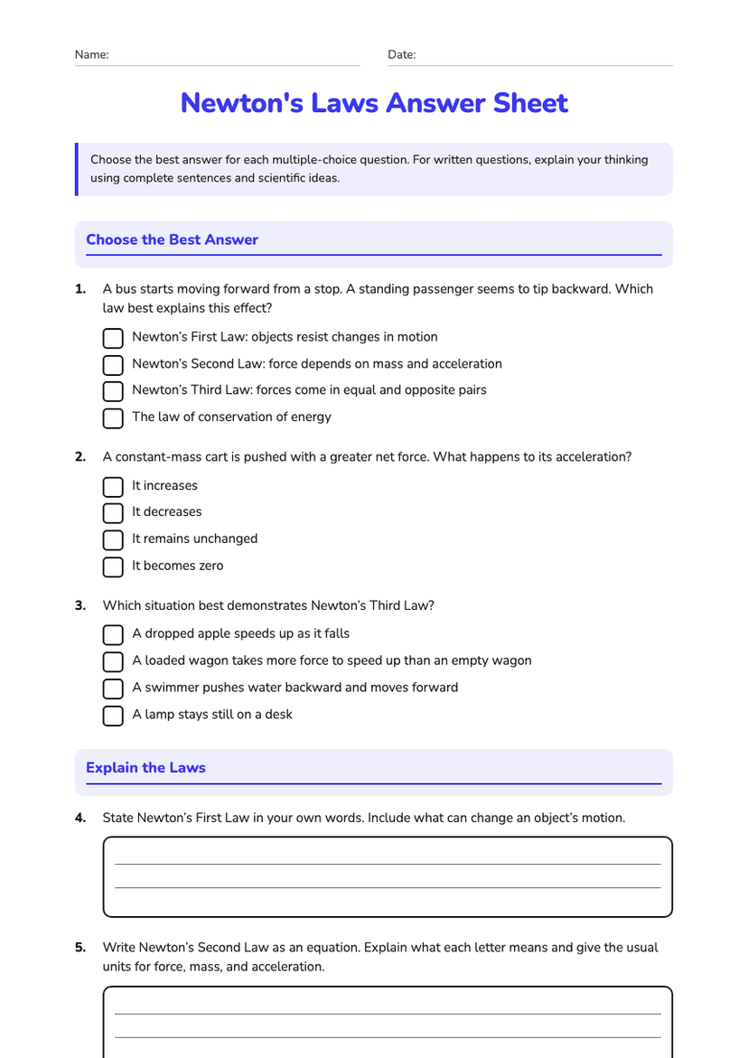 Newton's Laws Answer Sheet