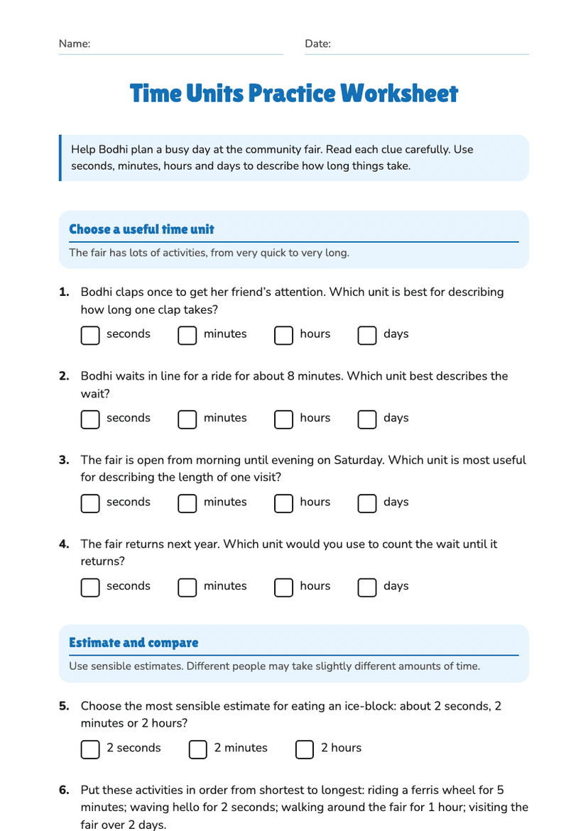Time Units Practice Worksheet