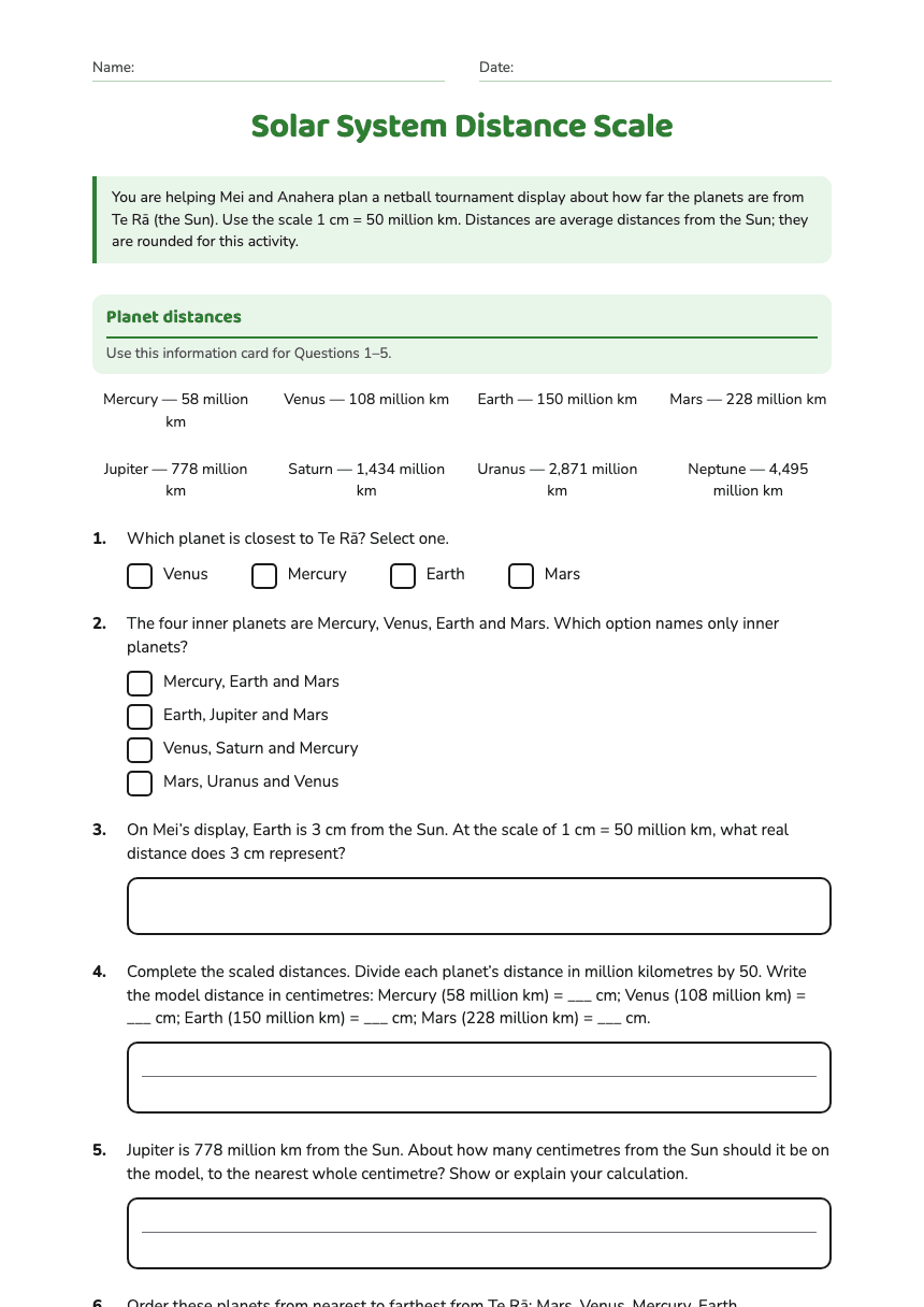 Solar System Distance Scale worksheet preview