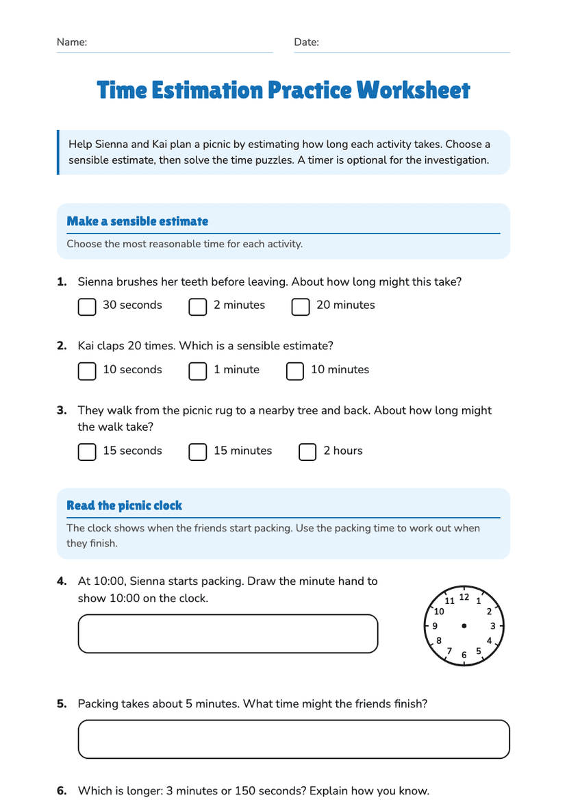 Time Estimation Practice Worksheet