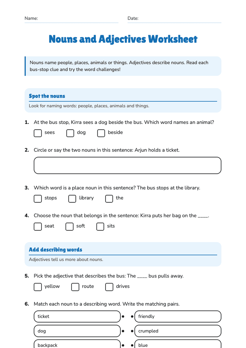 Nouns and Adjectives Worksheet
