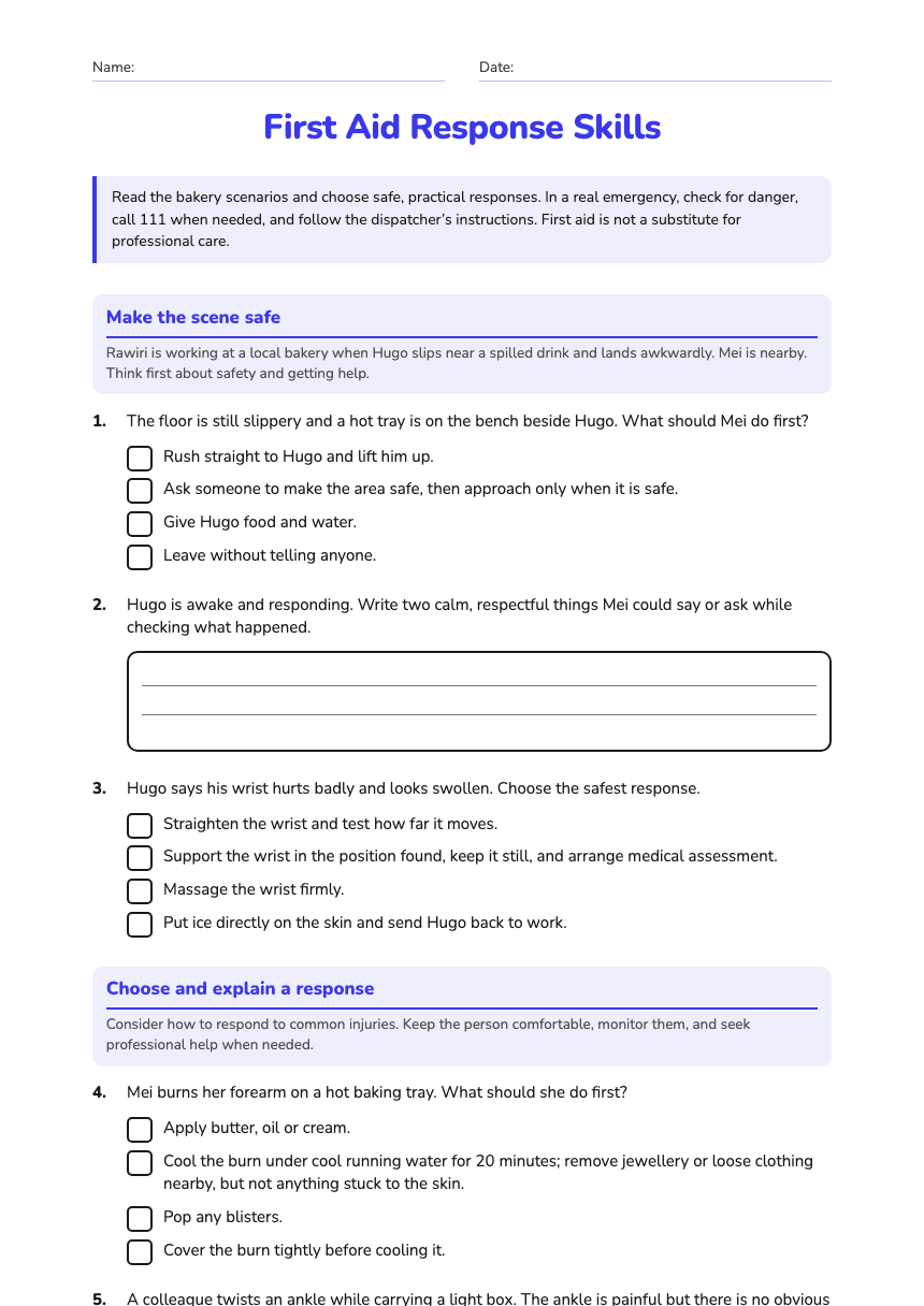 First Aid Response Skills worksheet preview