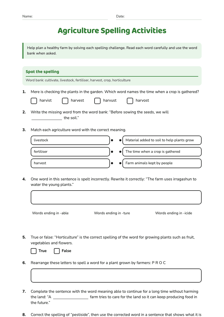 Agriculture Spelling Activities worksheet preview
