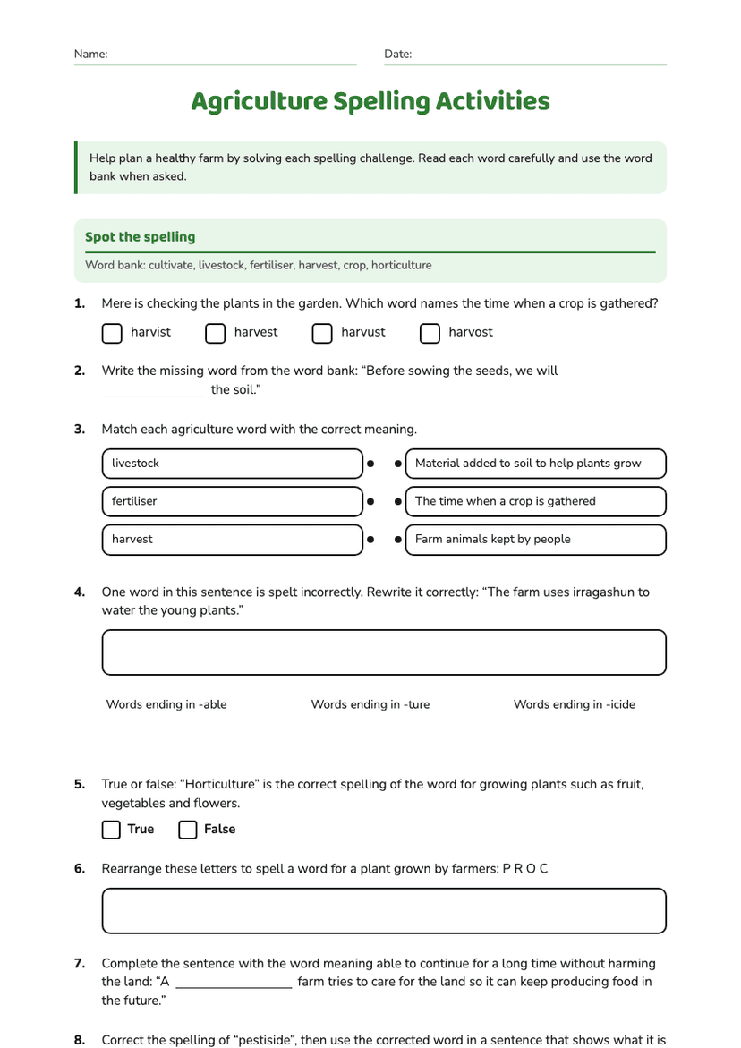 Agriculture Spelling Activities