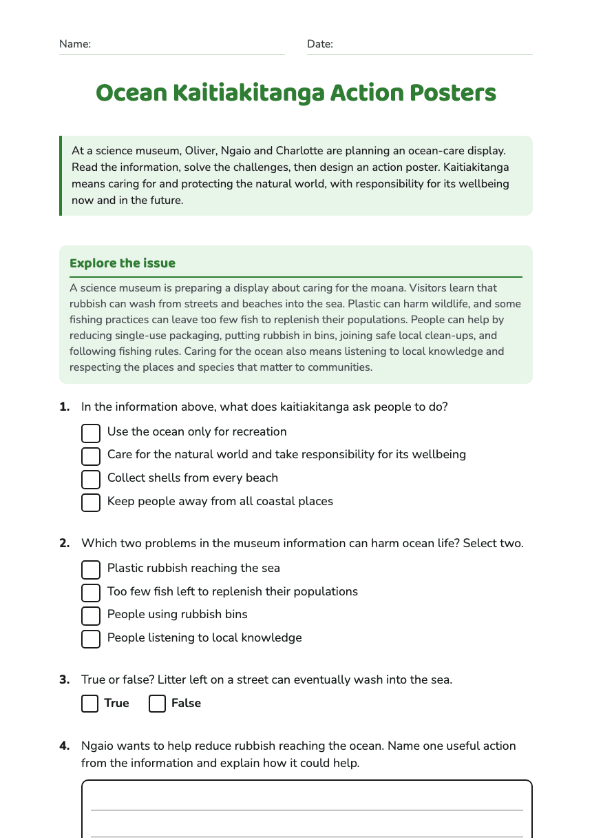 Ocean Kaitiakitanga Action Posters worksheet preview