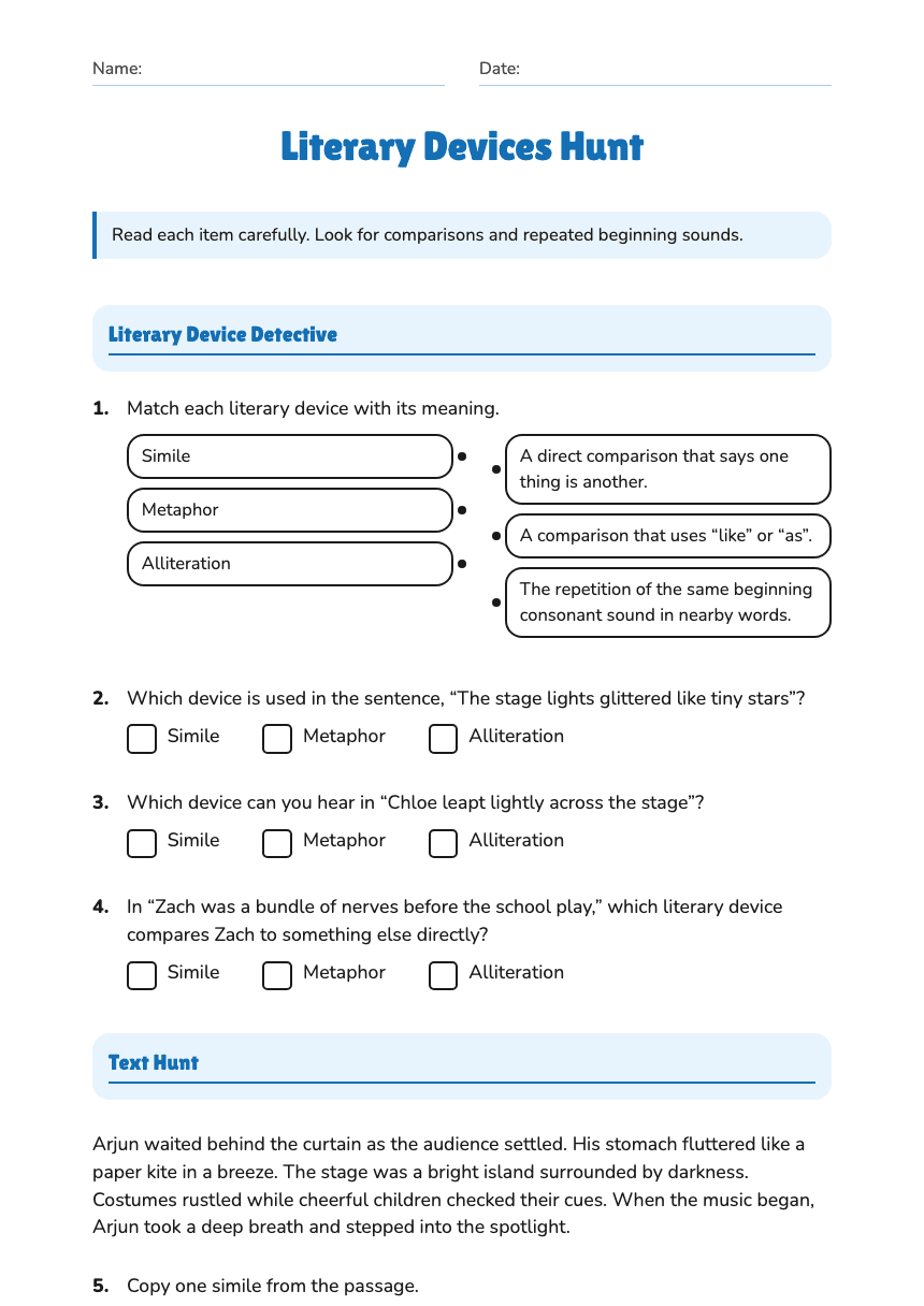 Literary Devices Hunt worksheet preview