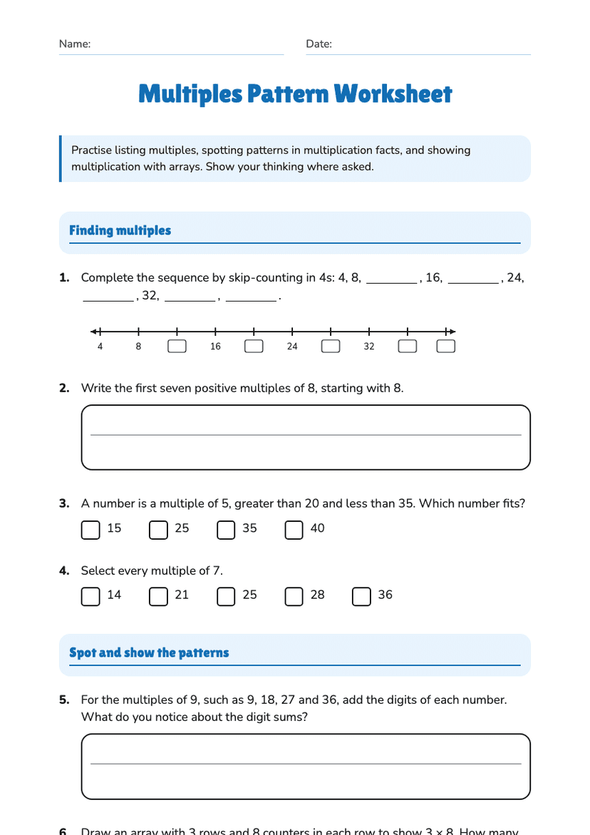 Multiples Pattern Worksheet