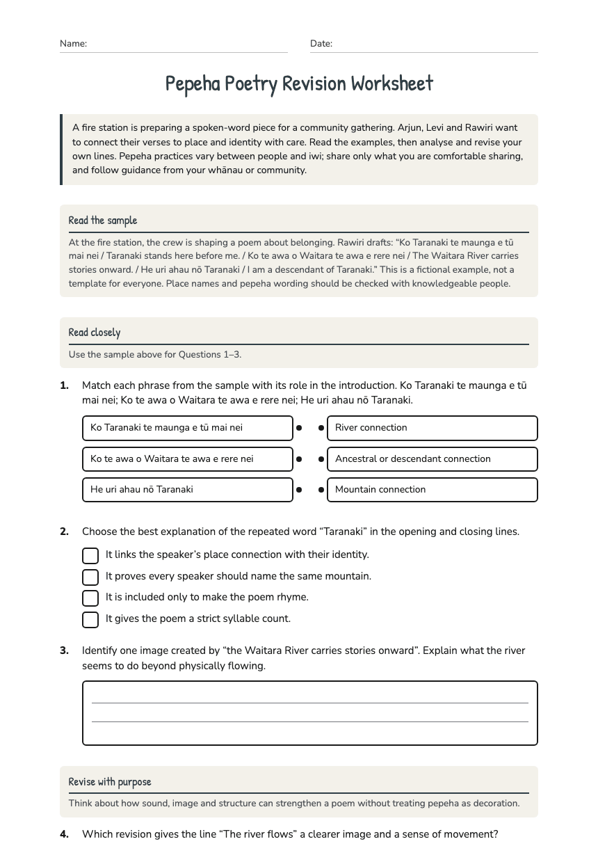 Pepeha Poetry Revision Worksheet worksheet preview