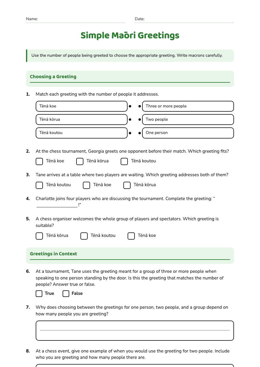 Simple Māori Greetings worksheet preview