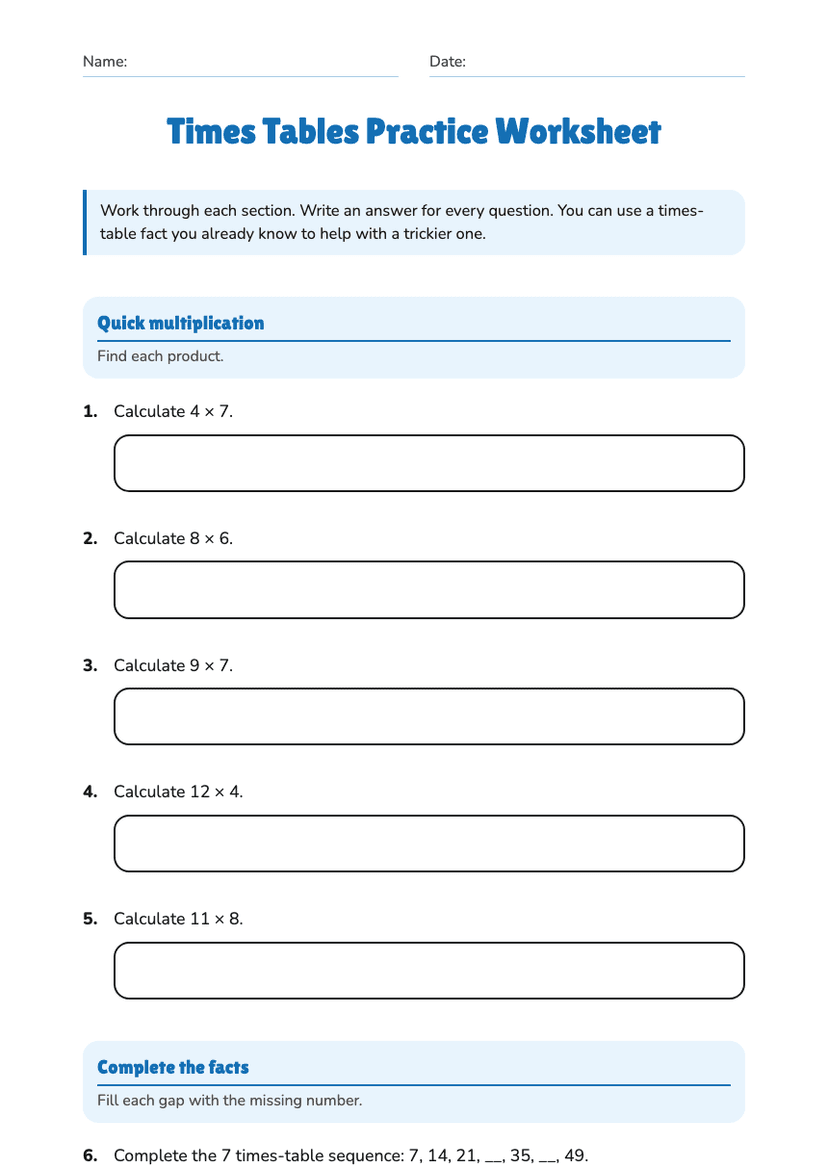 Times Tables Practice Worksheet