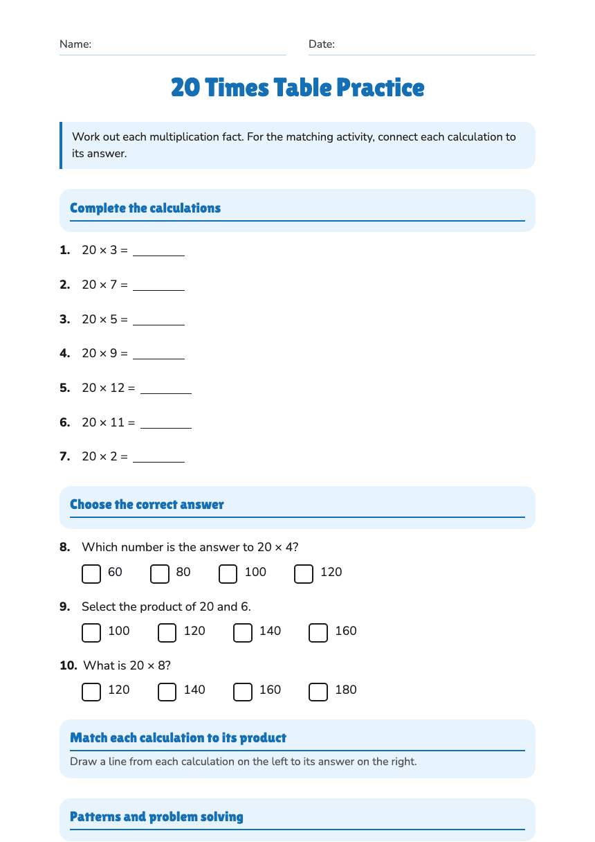 20 Times Table Practice worksheet preview